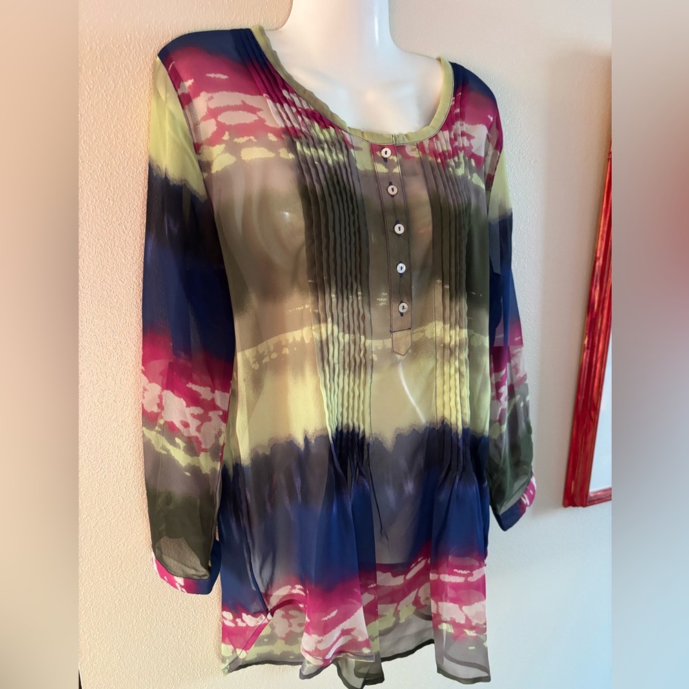 Multiples Sheer Watercolor Boho Flowy Pleated Ruffle Hem Tunic Top Size S